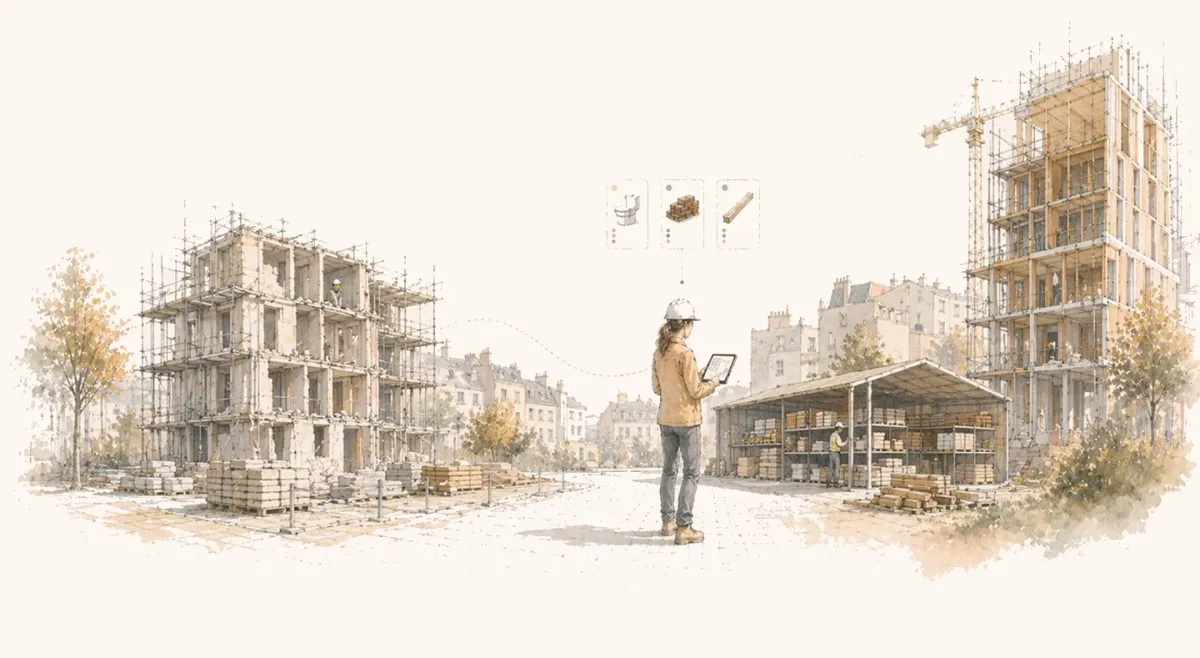 Illustration : une diagnostiqueuse inventorie sur tablette les matériaux d’un chantier de déconstruction